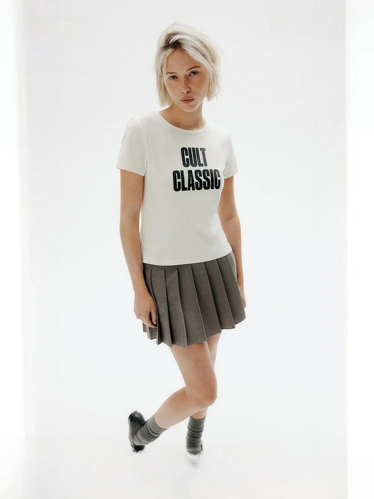 

H&M Women's Slim Fit round Ne Printed ort Sve T-irt Spring 2025 Cotton Blend Comfortable Breathable Faionable