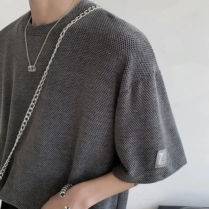 Youth Men's Round Neck Short Sleeved T-shirt Summer Trendy Loose Casual Coffee Heavyweight Top Tees Oversize Honeycomb Knitting image 2
