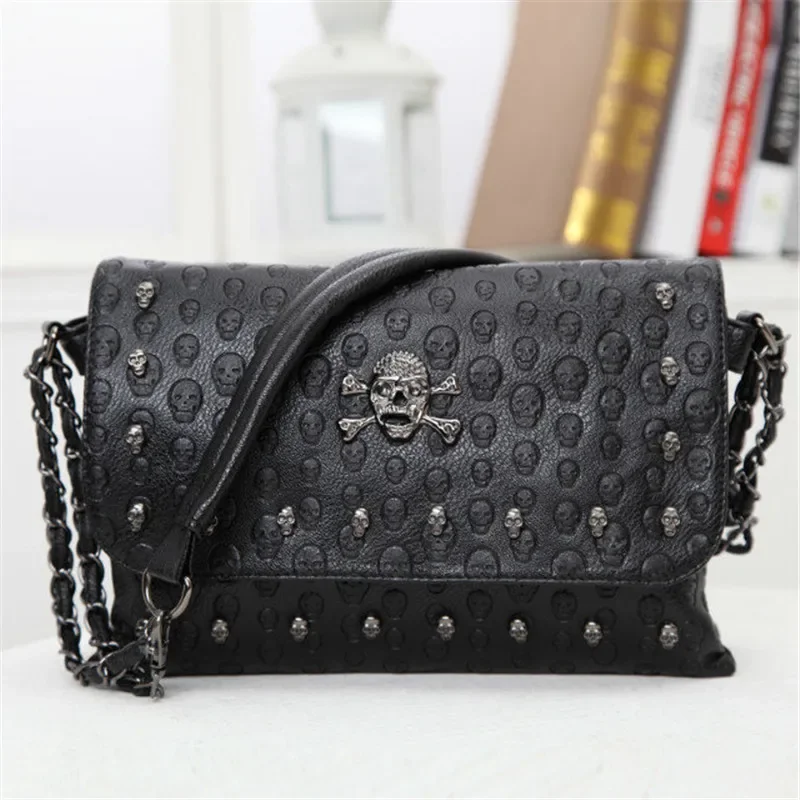 

Women handbag skull skeleton chain Lady tote solid color shoulder bucket bag PU leather crossbody bags for women shoulder bag