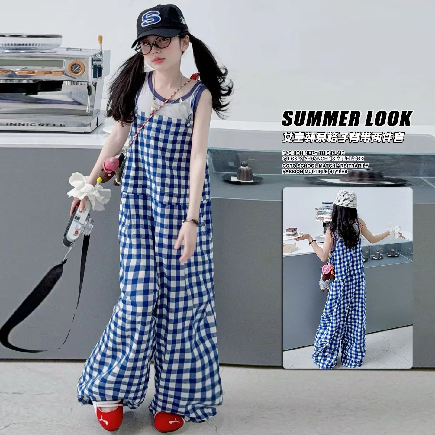 Girls Clothes Sets Size 4-14Y Summer New Jumpsuit Girls Cute Fashion Blue and White Checkered Clothes 2 Pc Children Daily Outfit