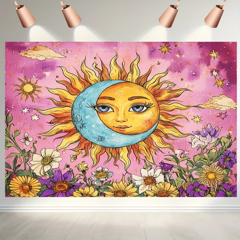 VIKAMA Bohemian Sun and Moon Floral Tapestry Wall Hanging Suitable for Living Rooms, Bedrooms, Gaming Rooms and Home Decor