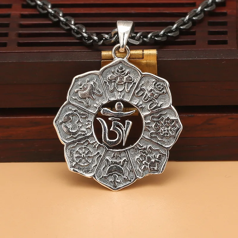 

Thai art flower six-character mantra pendant s925 sterling silver ethnic style men's and women's pendant silver jewelry