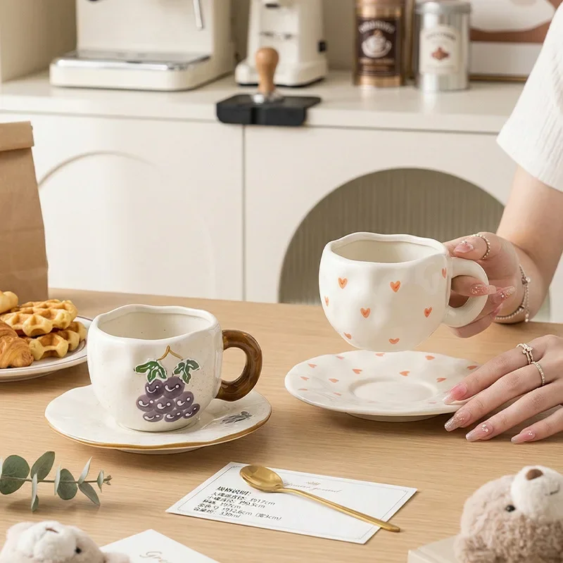 Cute Hand-Painted Blue Floral Ceramic Cup and Saucer Set, Irregular Coffee Cup for Afternoon Tea Home Gift Table Decor