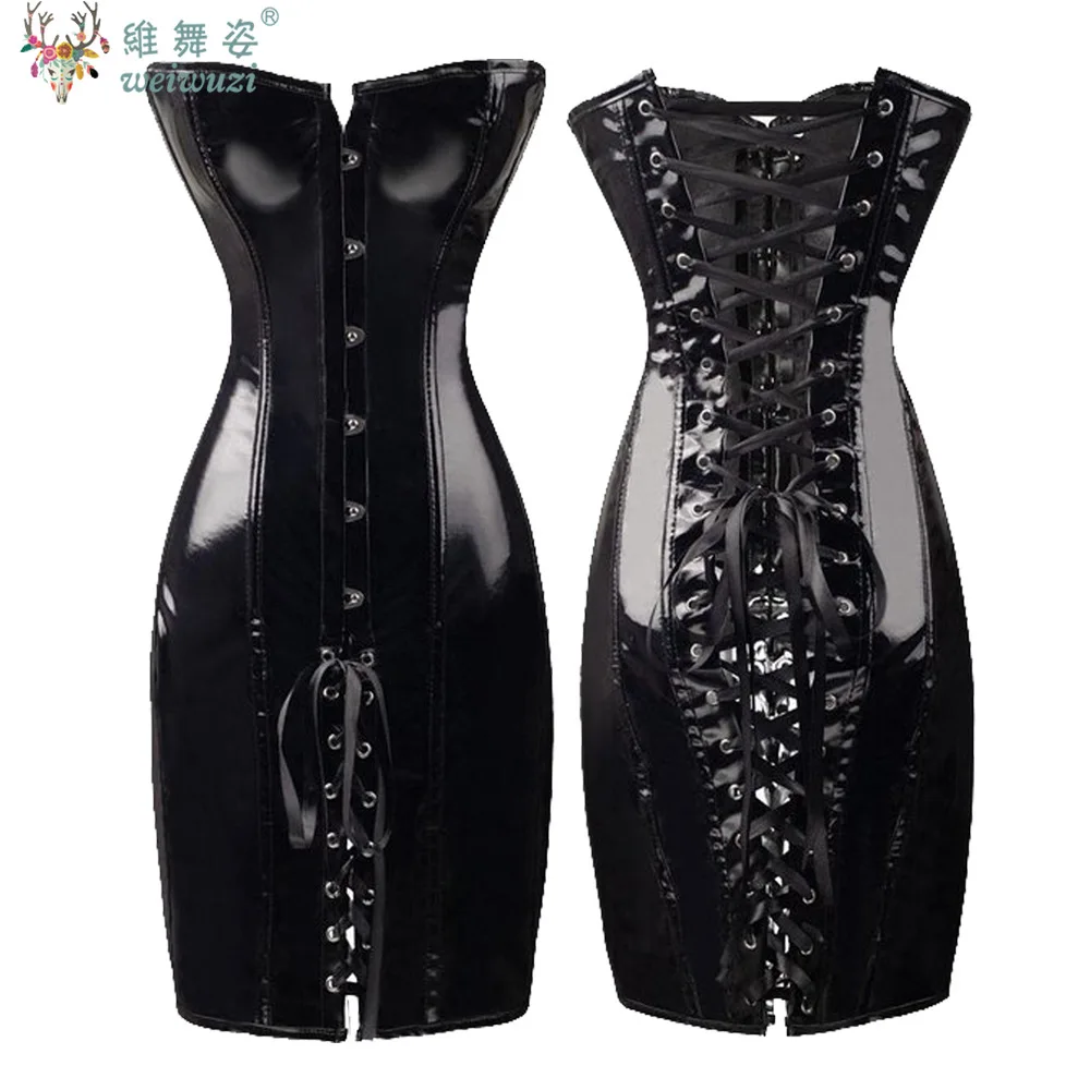 Women Sexy Shiny PVC Corset Dress Wetlook Leather Overbust Bustier LaceUp Retract Waist Latex Shapewear Party Hot Dance Clubwear