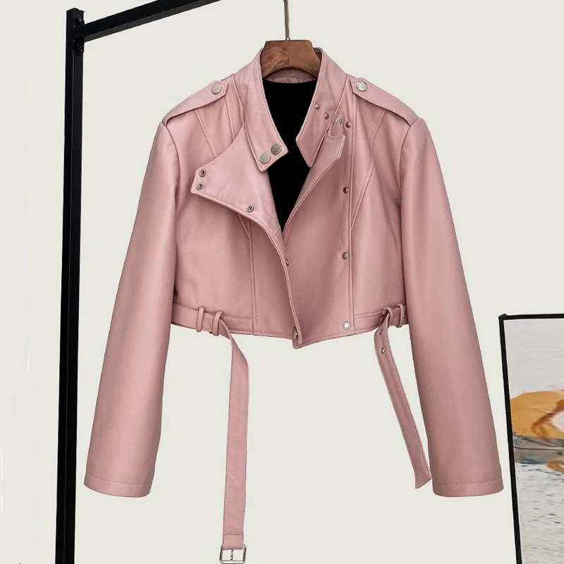 Giacche in vera pelle da donna 2025 New Fashion Colletto alla coreana Giacca stile moto allentata Cappotti corti in pelle di pecora a vita alta femminile