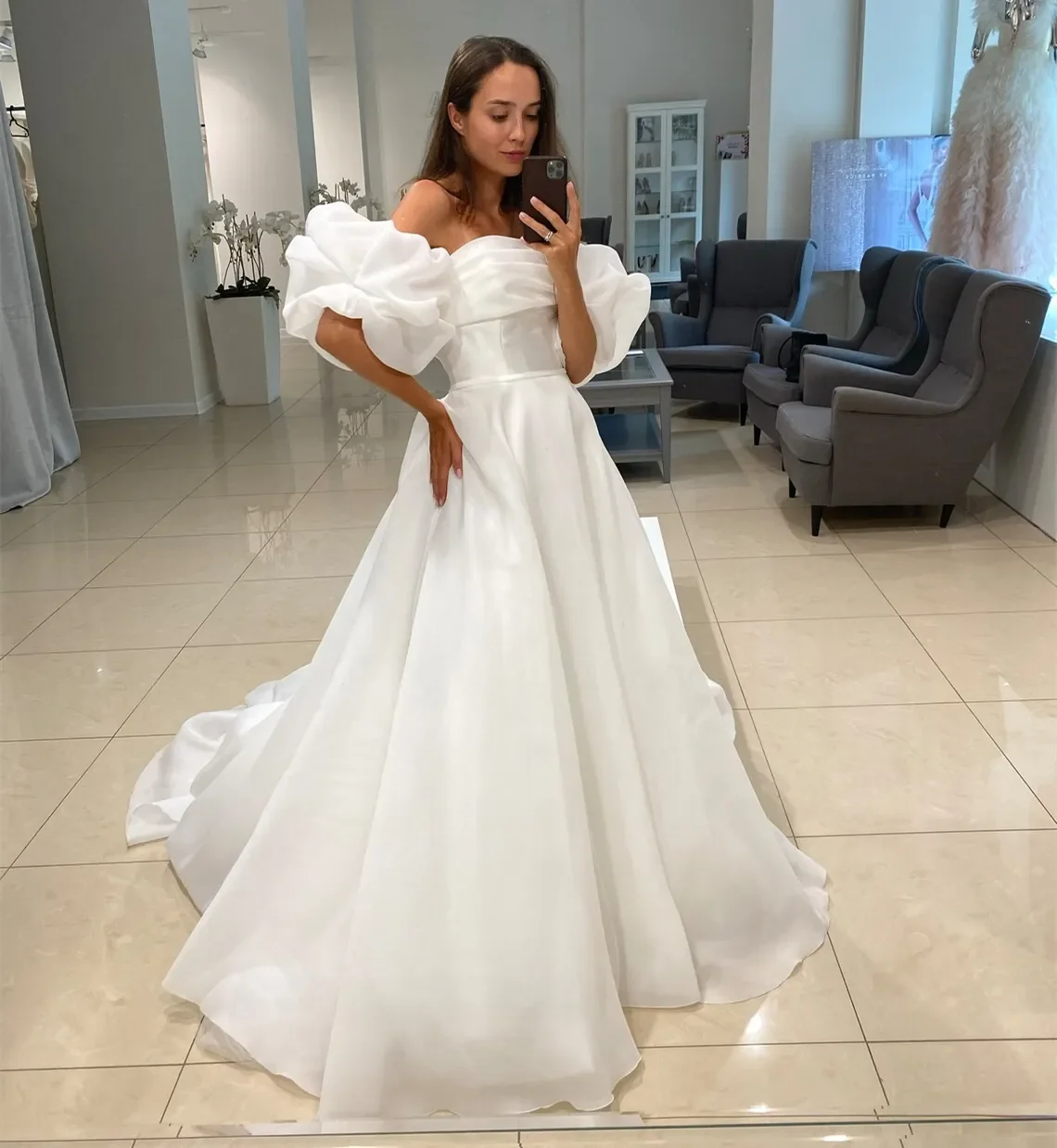 Robes de mariée princesse A-ligne blanches, robe de mariée longue, manches courtes détachables, plis, robe romantique simple, nouveau, 2024