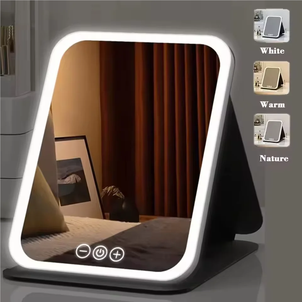 3Color Light Portable Foldable Magnifying Vanity Mirror Rechargeable LED Makeup Mirror with Touch Control For Travel Home Office