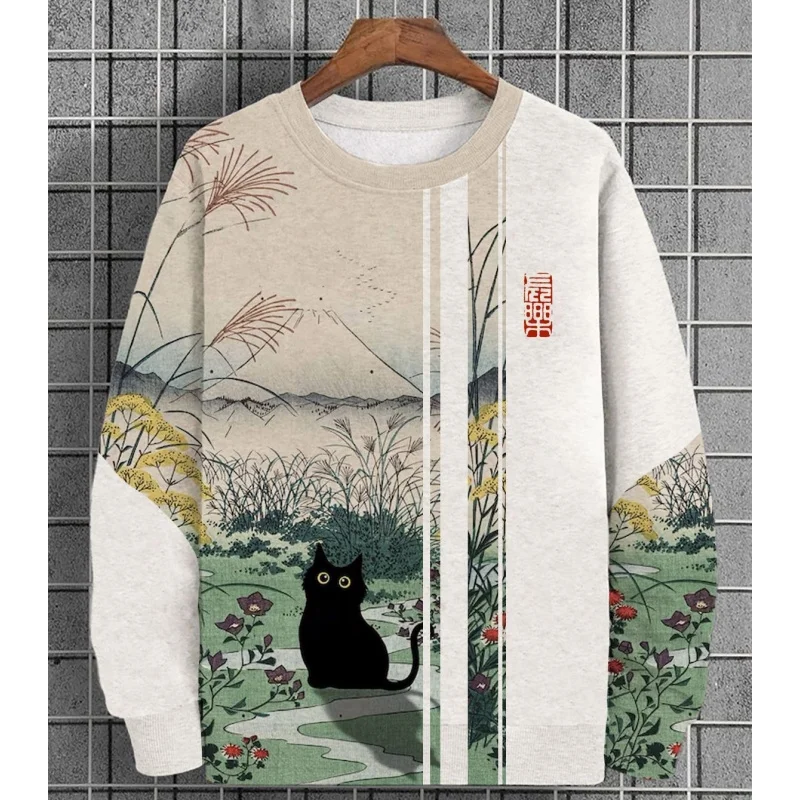 

Trendy Harajuku Men's Round Neck Sweatshirt Flower Leaf Cat Pattern Stripe Print Hoodie Spring Autumn Casual Pullover Street Top