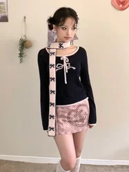 Y2k Aesthetic Girl Bow Printing Scarf Harajuku Two-sided Warmth Harajuku Neckerchief 2024 Japanese Grunge Streetwear Scarves