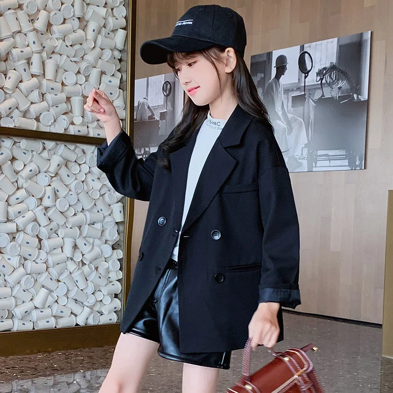 Kids Girls Jacket Spring Autumn Fashion Korean Long Sleeve Black Suit Jackets for Girls Teenager Button Blazer Cardigan Jackets