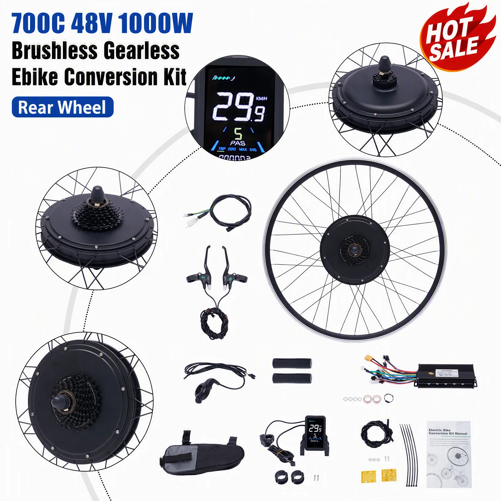 Elektrisches Fahrradrad, E-Bike-Umrüstsatz, 700C Hinterrad 48V 1000W Bürstenloser Motor, Leistungsstarke Geschwindigkeit 45-55km/h, Langlebiges Aluminium, Sicheres Bremshebelsystem