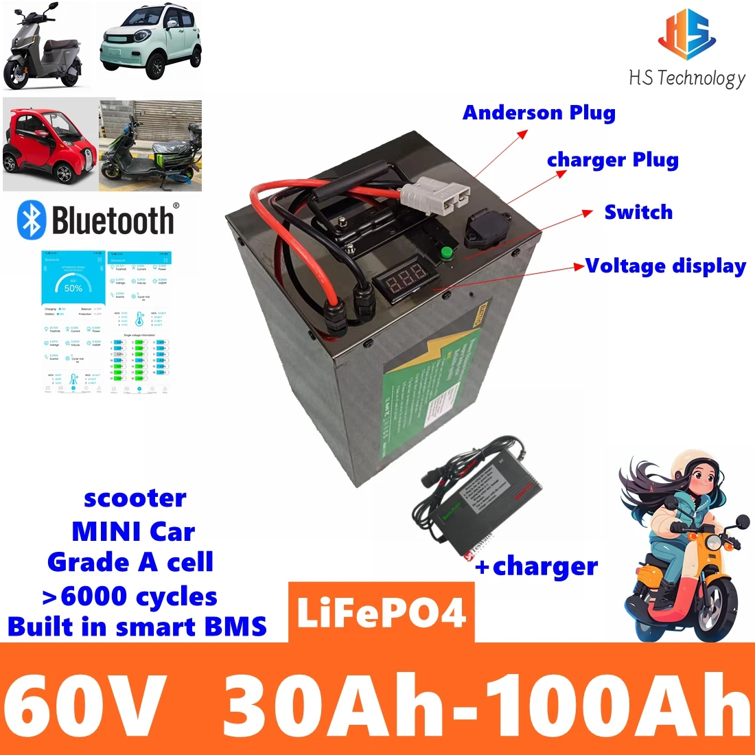 

60V LiFePO4 30Ah-100Ah for 1000W 2000W 3000W electrical machinery scooter Electric tricycle motorcycle Electric Forklift