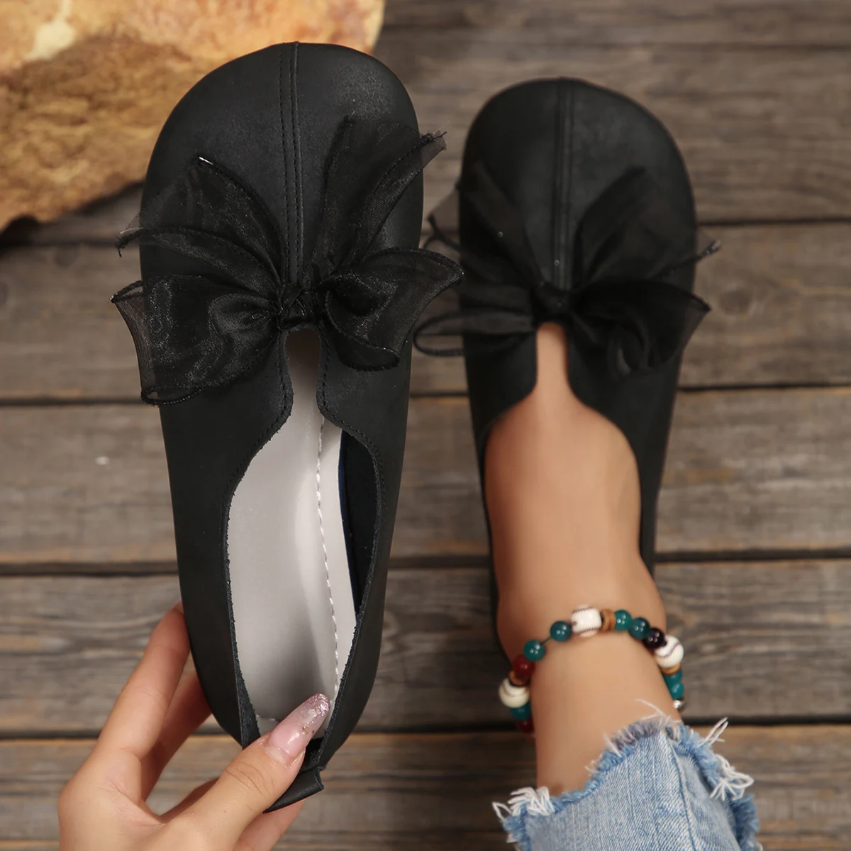 أحذية نسائية مسطحة مريحة، مزينة بأقواس، أحذية مكتنزة بمقدمة مستديرة