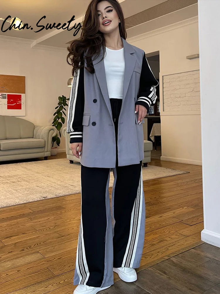 Blazer informal de retales para mujer, conjunto de pantalones de manga larga con botones con muescas, pantalones de pierna ancha, traje de mujer a la moda de otoño 2024