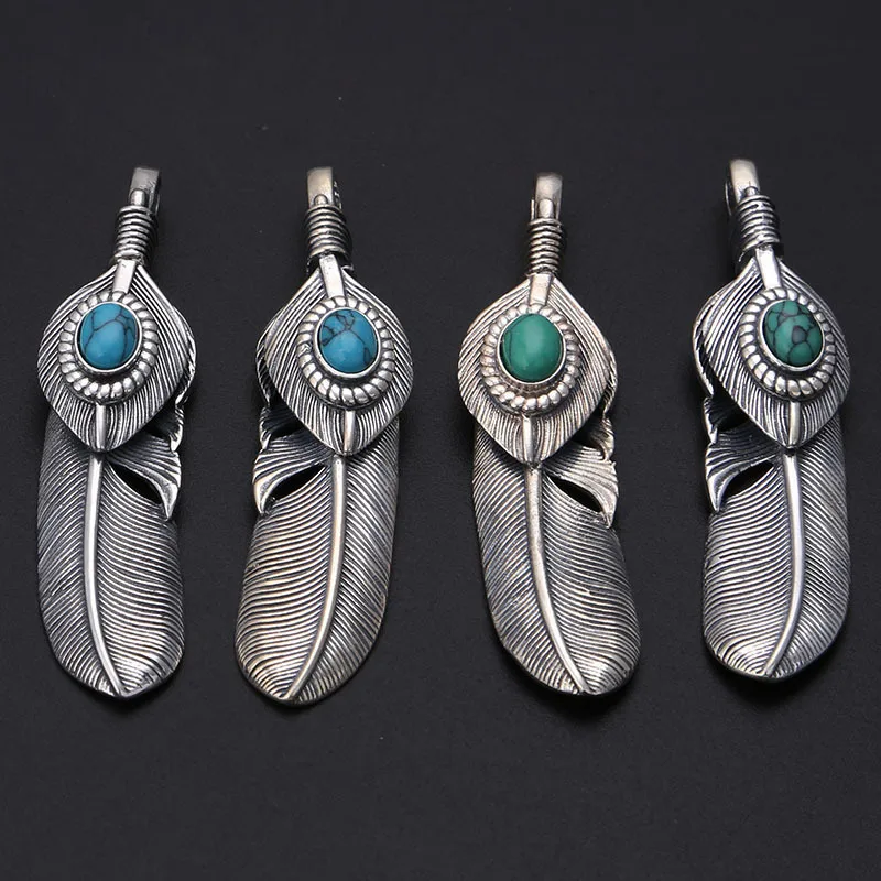 Manufacturer wholeSale S925 Sterling Silver retro thai Silver eagle feather inlaid turquoiSe pendant couple necklace pendant