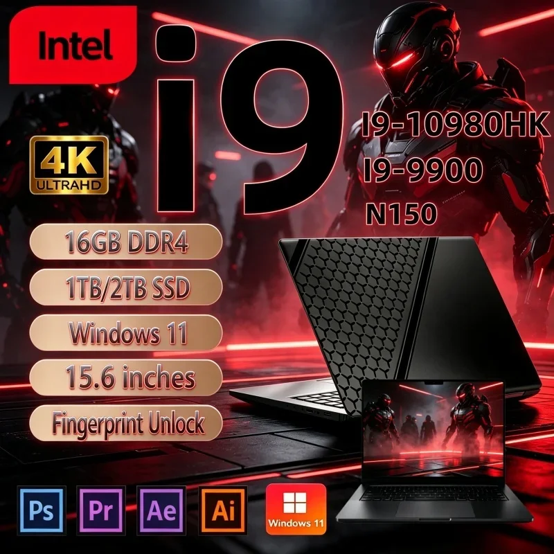 Hot 2026 Intel I9‑10980HK/I9-9900/N150 15.6 Inch Gaming Laptop 16GB 32GB 2TB SSD Win11 1080P Ultra Slim Office Notebook