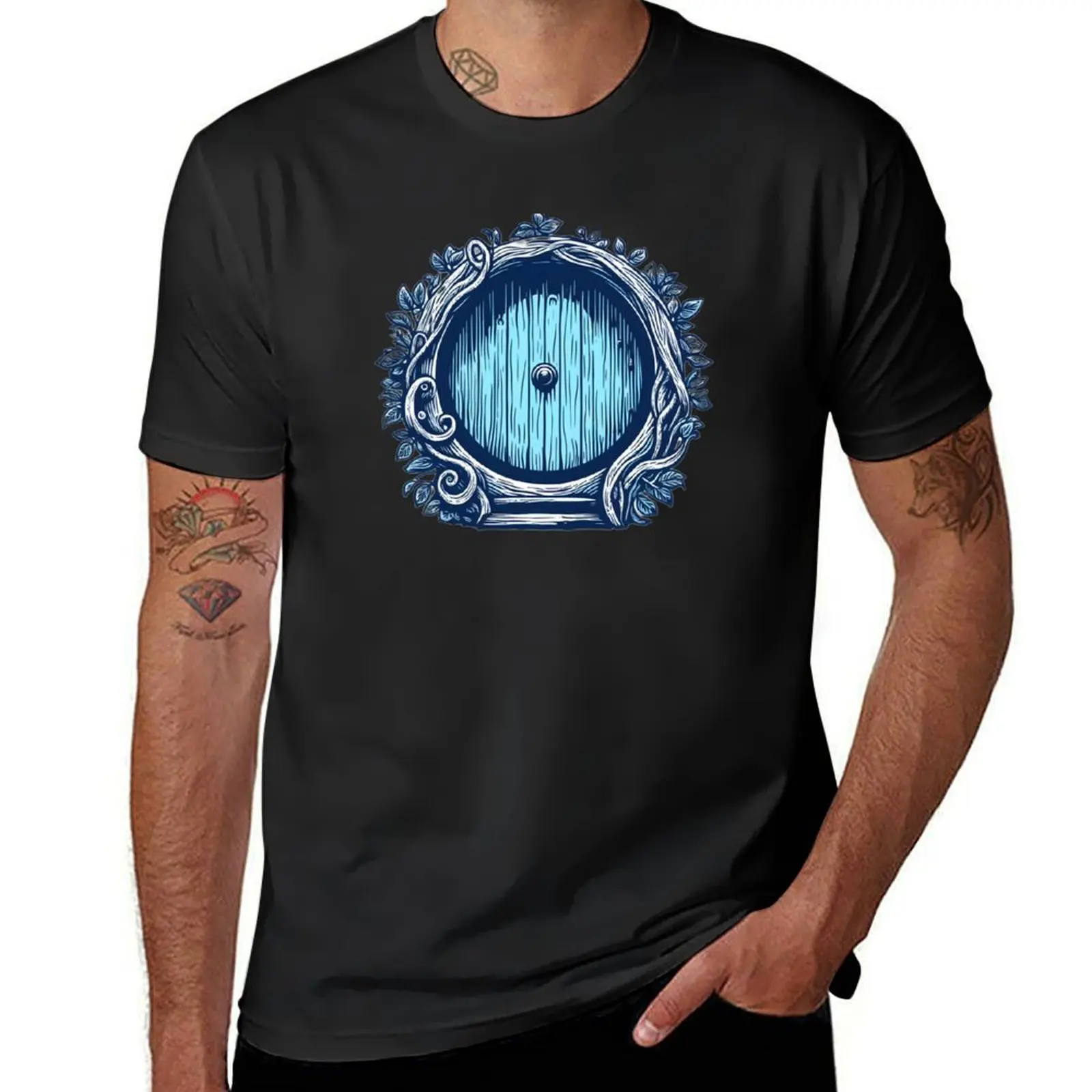 A Blue Round Door - Halfling Home - Fantasy T-Shirt anime clothes summer top sweat mens clothes