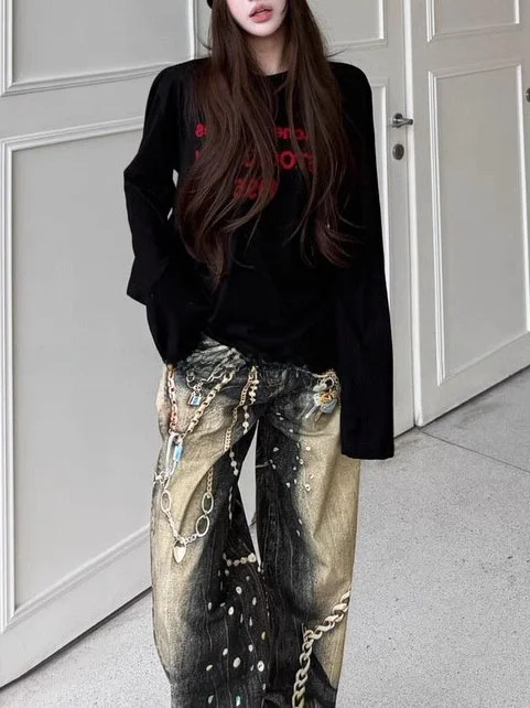 

American Street Sle Casual Loose Wide Leg Jeans Women's High Waist Straight Leg Denim Pants Chain Print Trendy Brand Long T...