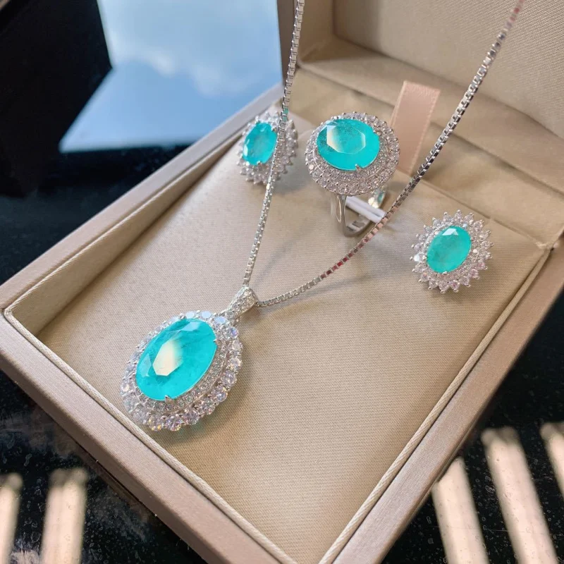 Jewelry S925 Silver Set Classic Paraiba Diamond Shape Ring Earrings Pendant Three-Piece Set