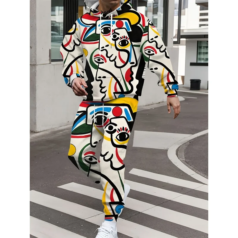 Men'S Color Graffiti Printed Hoodie And Pants Set - Thick And Warm Long Sleeve Drawstring Hoodie Casual Loose Winter Street Hood