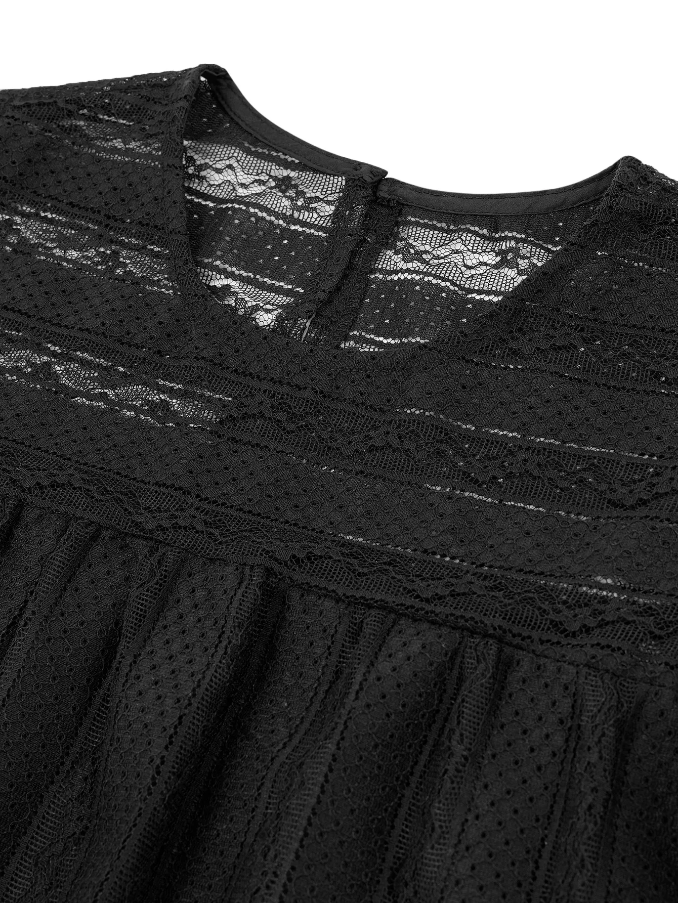 Summer 2024 Solid Lace Shirt Women Ruffled Transparent Loose Top Blouse No Stretch O-neck Flying Sleeve Black White Casual 46907