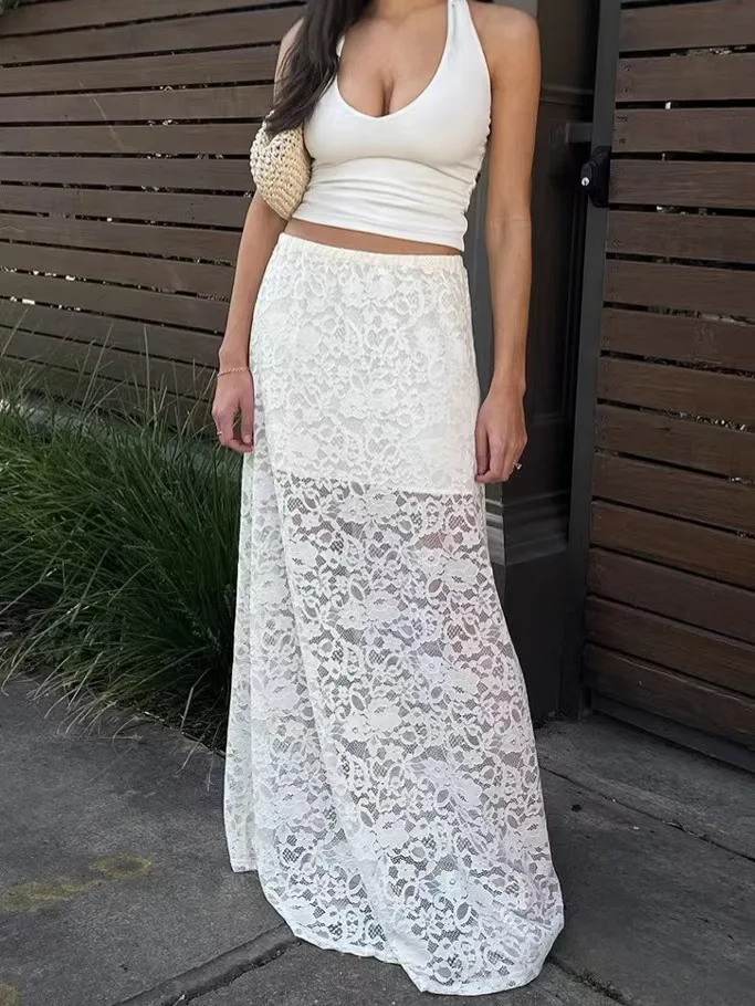 

Faionable Hollow out Lace Skirt Sexy f Body Long Skirt Commute Sle High Waist A-Line Loose Fit Pure Color Spring 2025