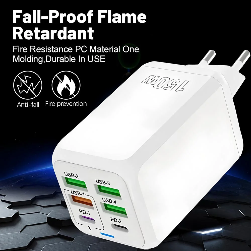 150W 6 in 1 USB C Charger Fast Charging Phone Charger Power Adapter For iPhone Samsung Xiaomi Huawei EU/US/UK Plug Wall Charger