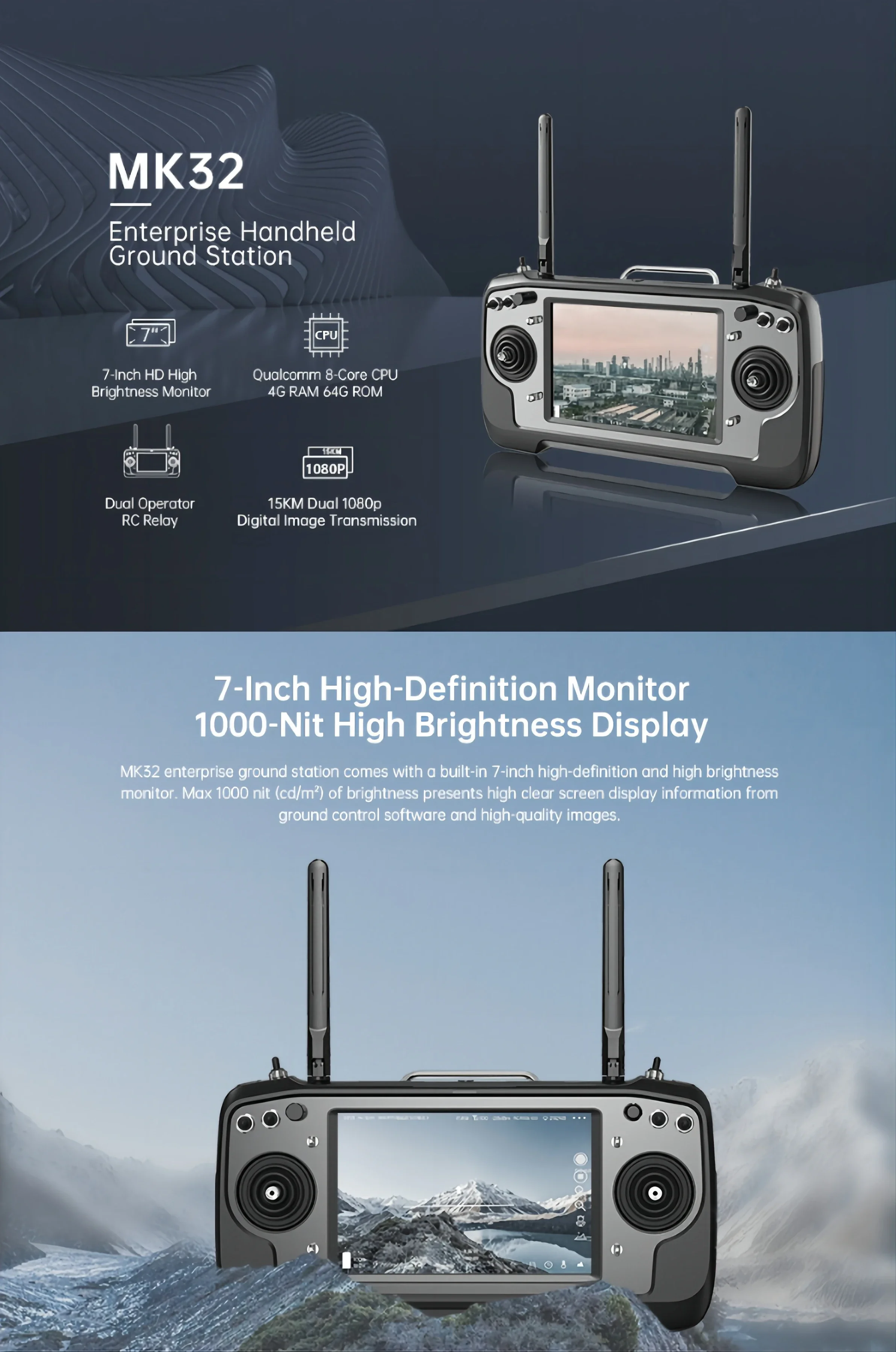 MK32 محطة أرضية محمولة من الدرجة الصناعية U-AV شاشة ذكية تعمل باللمس وجهاز تحكم عن بعد 7 بوصة HD LCD 15 كجم رابط الفيديو والبيانات