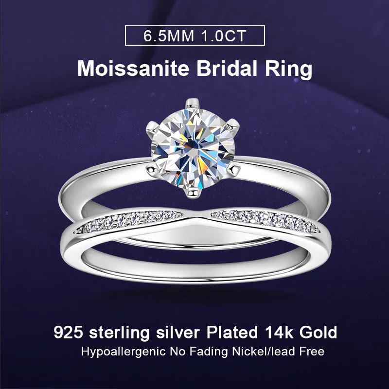 

IOGOU 6.5mm 1CT Moissanite Bridal Rings Set for Women 925 Silver Solitaire Ring & Stackable Band Set Engagement Wedding Jewelry