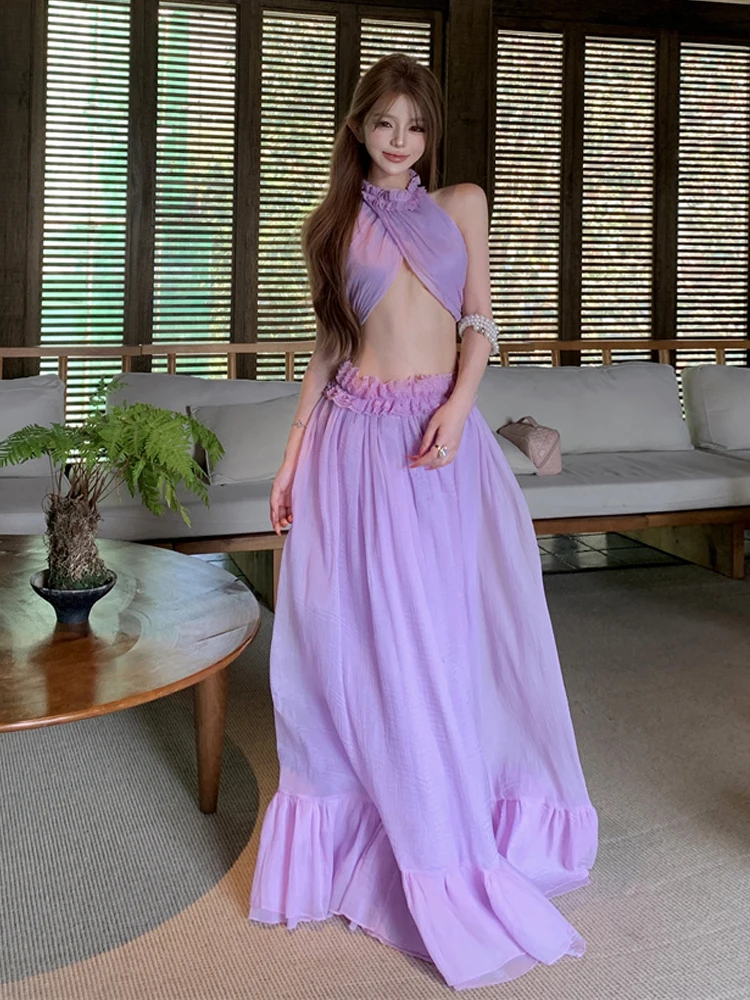 

Летний топ без рукавов с вырезом на шее и открытой талией, эластичный, ультра-сказочный, красивый, светло-фиолетовый, из шифона, с завязками на шее, для отпуска.