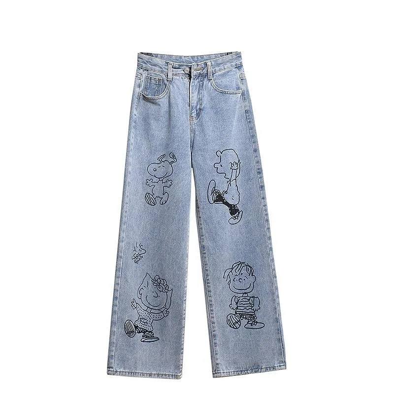 Kawaii Snoopy cartoon printed wide leg jeans for women autumn new high waist loose straight trousers surprise gift wholesale