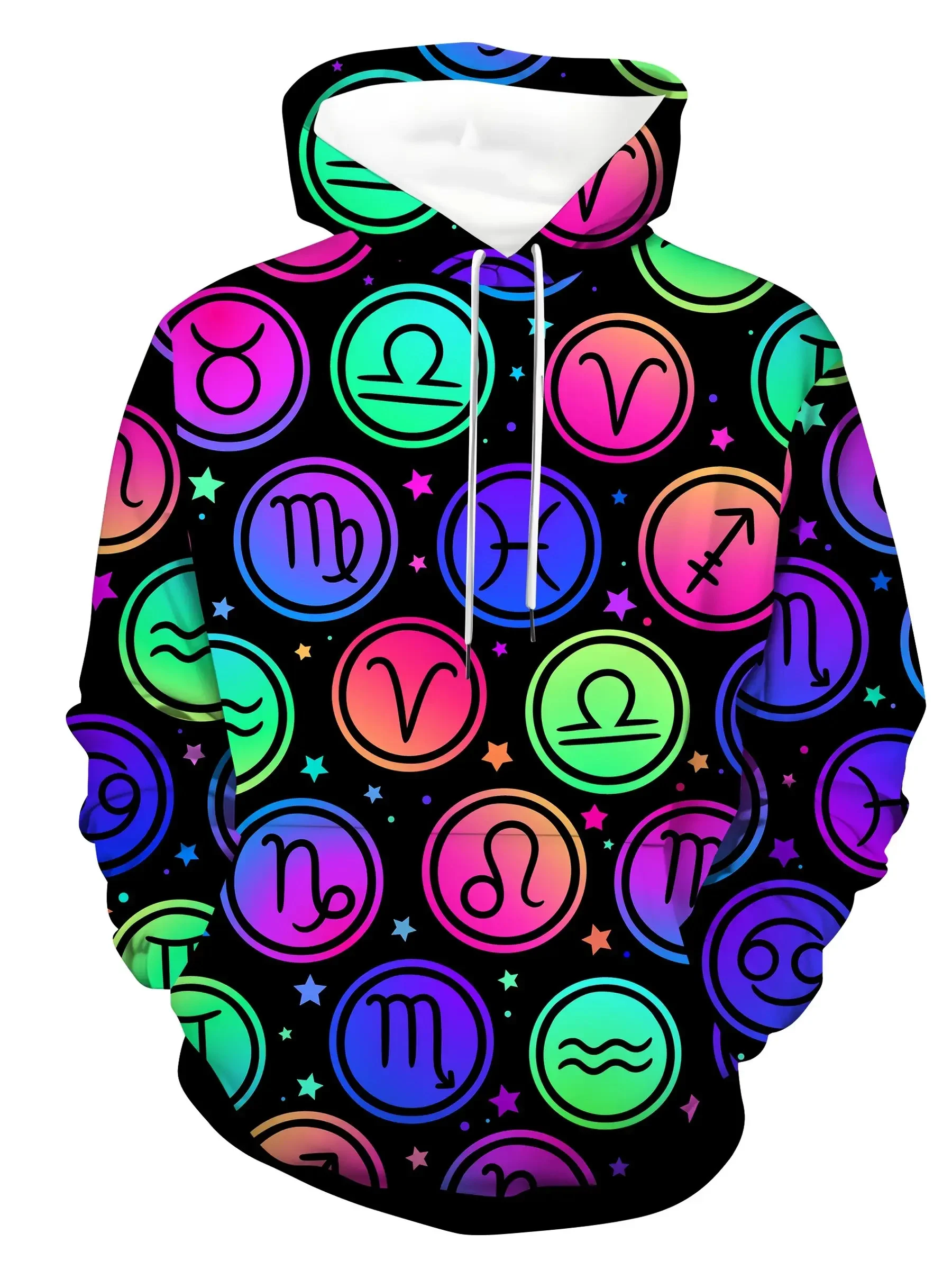 [ريترو ستريت] سويت شيرت بقلنسوة بطباعة عصرية للرجال مع مفتاح يوناني وأنماط زودياك، مريح ومتعدد الاستخدامات