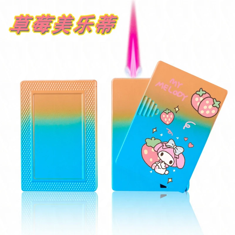 New Sanrio Kawaii Cartoon Hello Kitty Lighter Metal Jet Torch Pink Flame Poker Lighter Windproof Playing Card Lighters Funny Toy