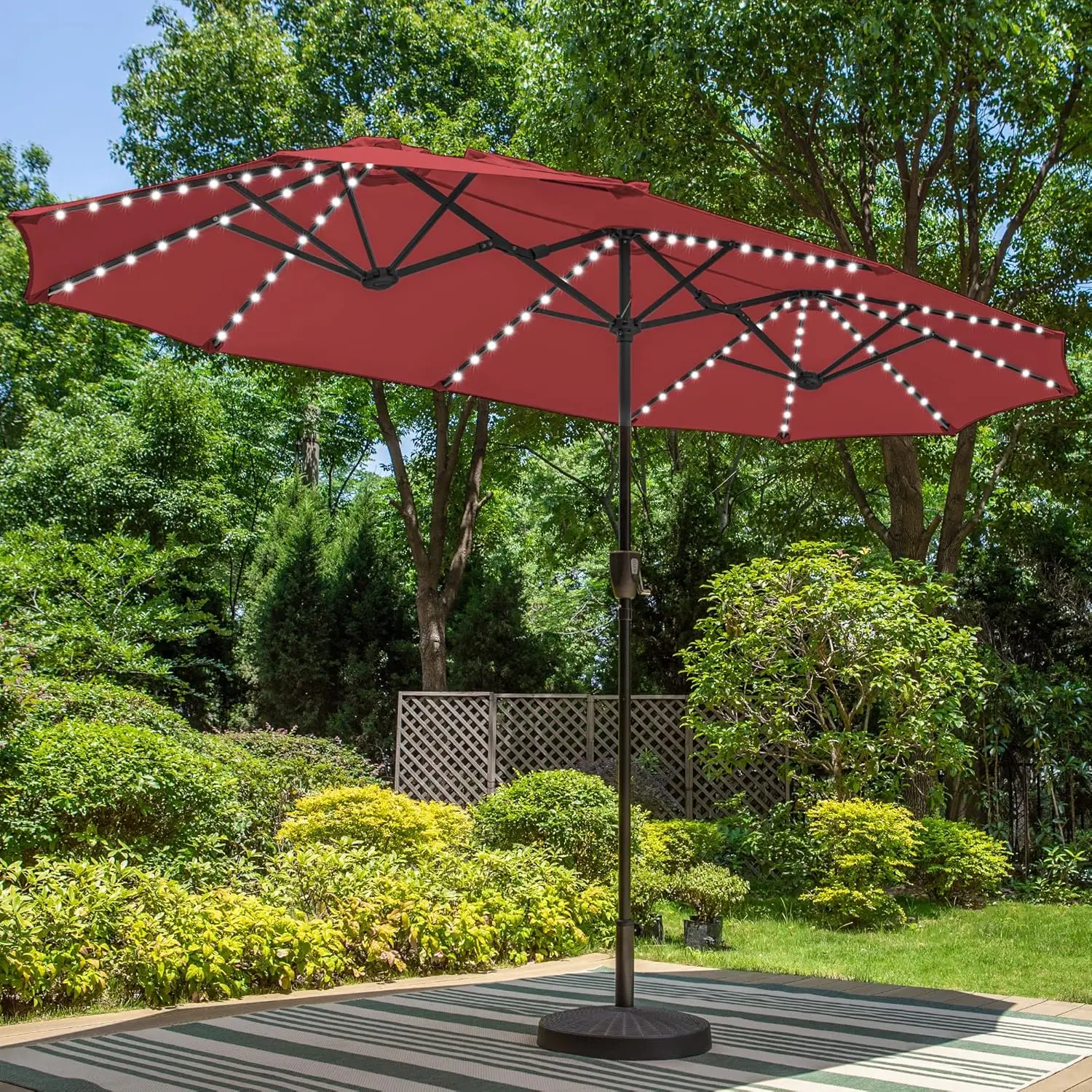 13ft Solar LED Patio Umbrella with Color-Changing Lights, Triple-Head Rectangle Design, Crank Lift, Dark Red