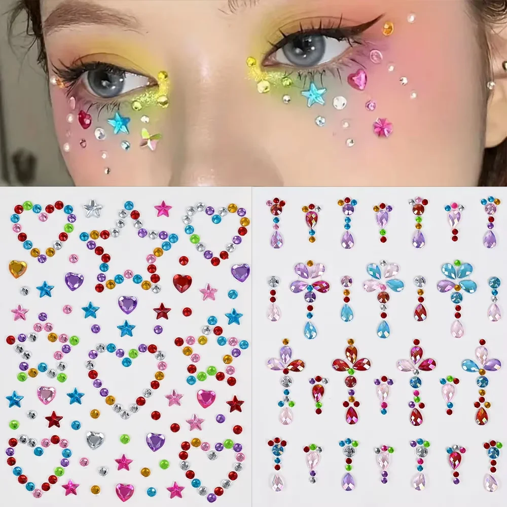 

1pc 3D Iridescent Diamond/Pearl Face Gem Stickers Rainbow Bow, Heart,Moon,Flower Rhinestone Face Makeup Sticker DIY Tattoo Decal