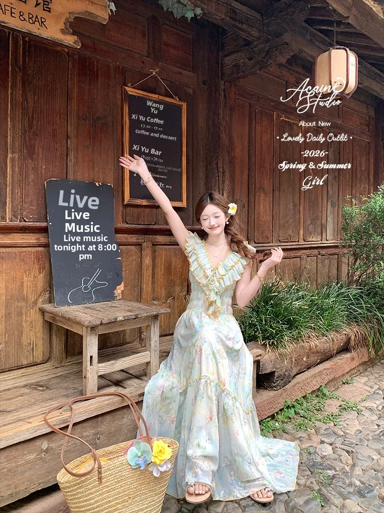 Acaine Romantic Long V-Neck Embroidered Waist-Cinched Skirt Dress Women's Dress Island Style Cake Skirt Summer Vacation Wear