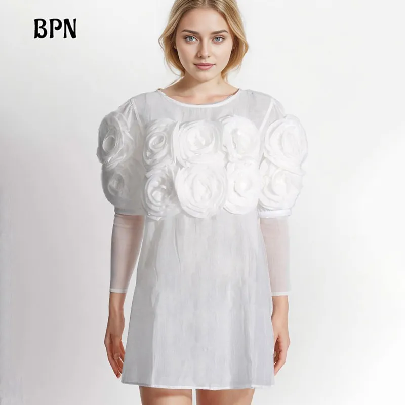 

BPN Casual Ptachwork Appliques Dresses For Women Round Neck Shorts Sleeve High Waist Solid Elegant Loose Mini Dress Female Style