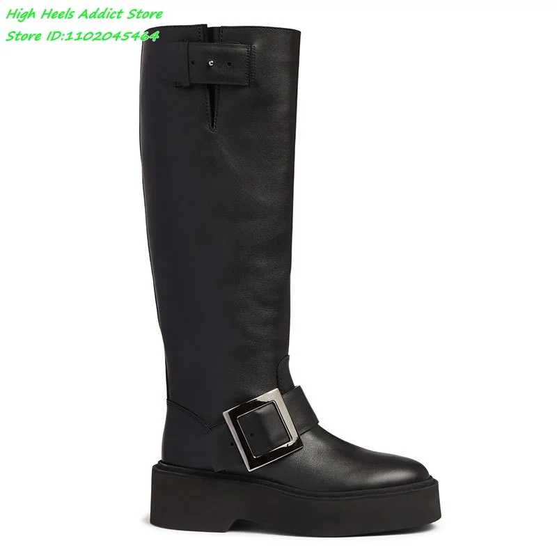 Black Flat Platform Leather Knee High Boots Women's 2024 New in Comfy Buckled Pull on Long Boot Luxury Designer Causal Shoes