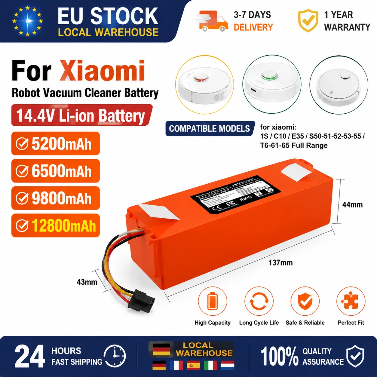 Hochleistungs-14,4V-Akku für Xiaomi Roborock S50 S51 S55 S60 S65 Roboterstaubsauger EU-Lager
