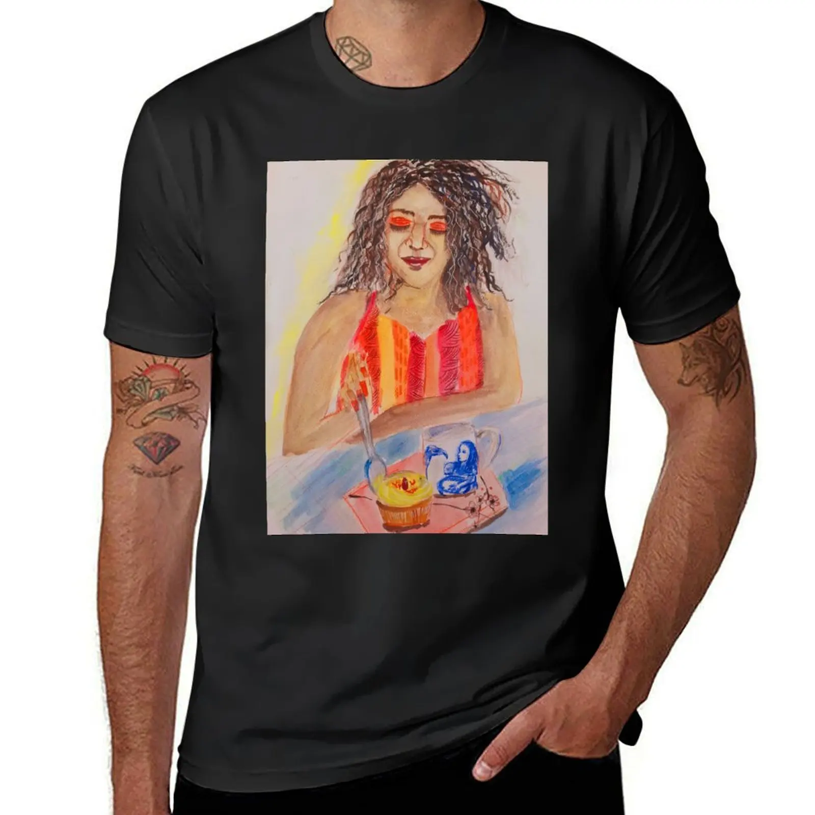 

Curly haired girl eating cupcake T-Shirt hippie clothes for a boy anime mens funny t shirts