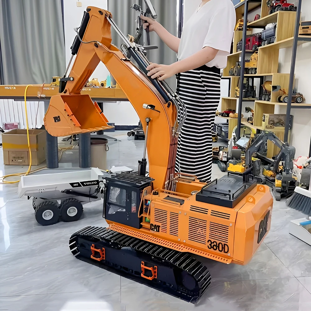 Excavadora 390D RC 1/8, excavadora hidráulica de Metal, modelo de doble cilindro, maquinaria pesada, coche de Control remoto, juguete para adultos