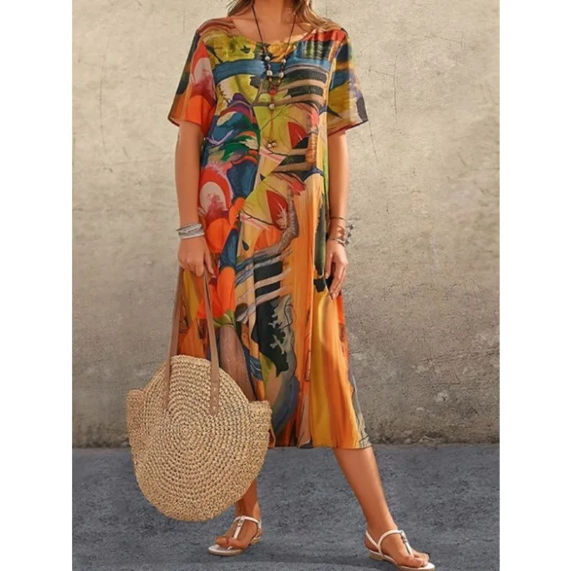 Nuovo abito estivo 2025 per donna abito di grandi dimensioni casual manica corta Boho stampa vintage abito lungo maxi spiaggia abbigliamento donna