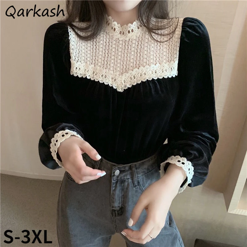 Patchwork Blouses Women Elegant French Style Retro Tender Autumn Design Ladies Tops Soft All-match Temperament S-3XL Simple New