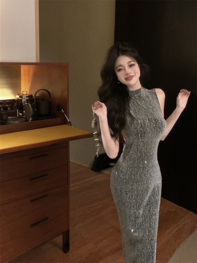 Sexy Backless Floor-Length Party Club Dress Women Summer Sleeveless Off Shoulder Dress Patchwork Zipper Button New Slim Dresses