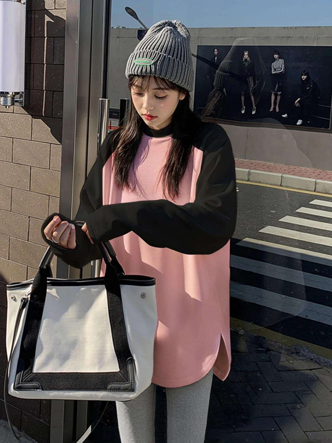 Retro Contrast Color Mid-Length Fleece-Lined Half-High Collar Women's Long Sleeve T-Shirt Shark Pants Butt Covering Top