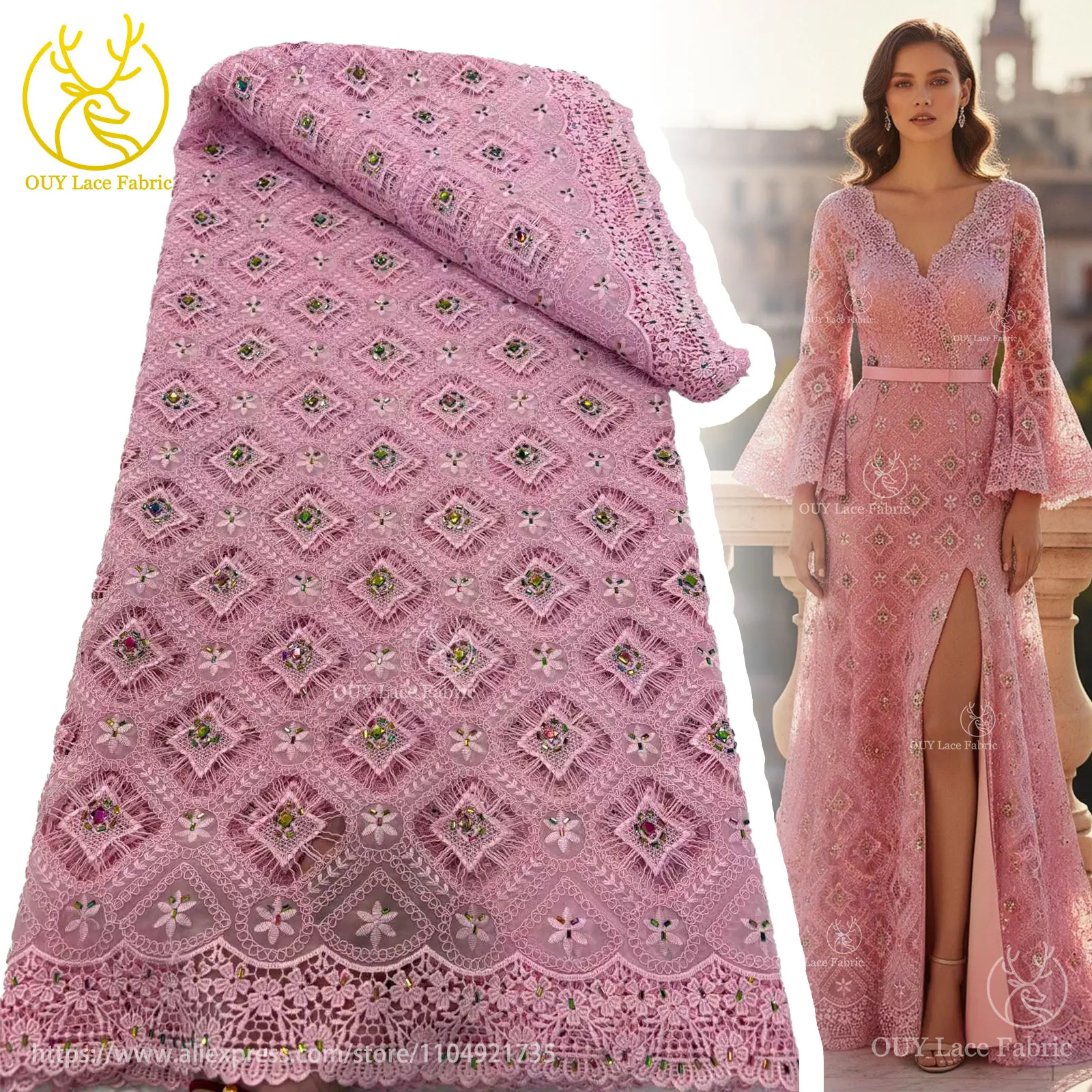 Neueste Elegante Afrikanische Guipure-Spitze mit Stickerei und Steinbesatz 2026 Hochwertige Nigerianische Abendkleider-Spitze für Partys – Detail 6