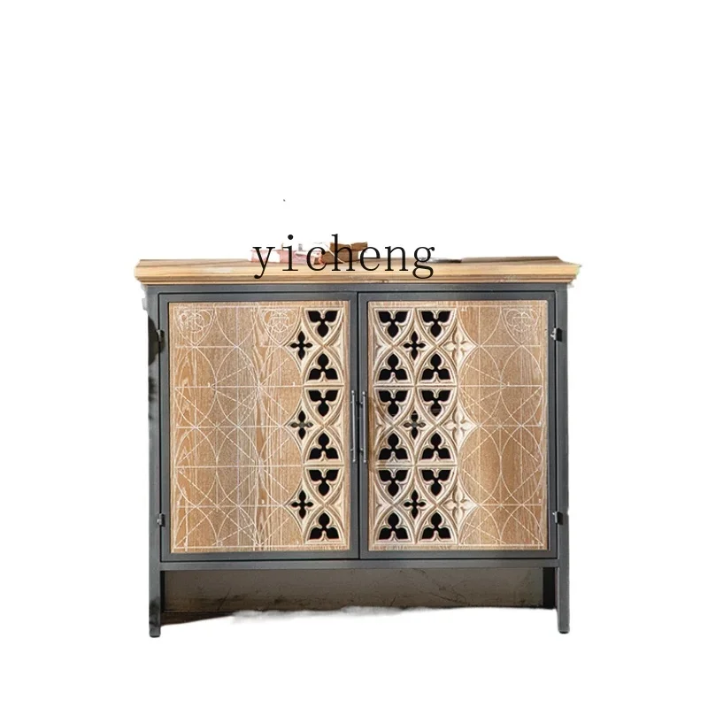 

ZK Solid Wood Chest of Drawers Retro Porch Carved Decorative Low Cabinet Living Room Wall Home Iron Sideboard Cabinet