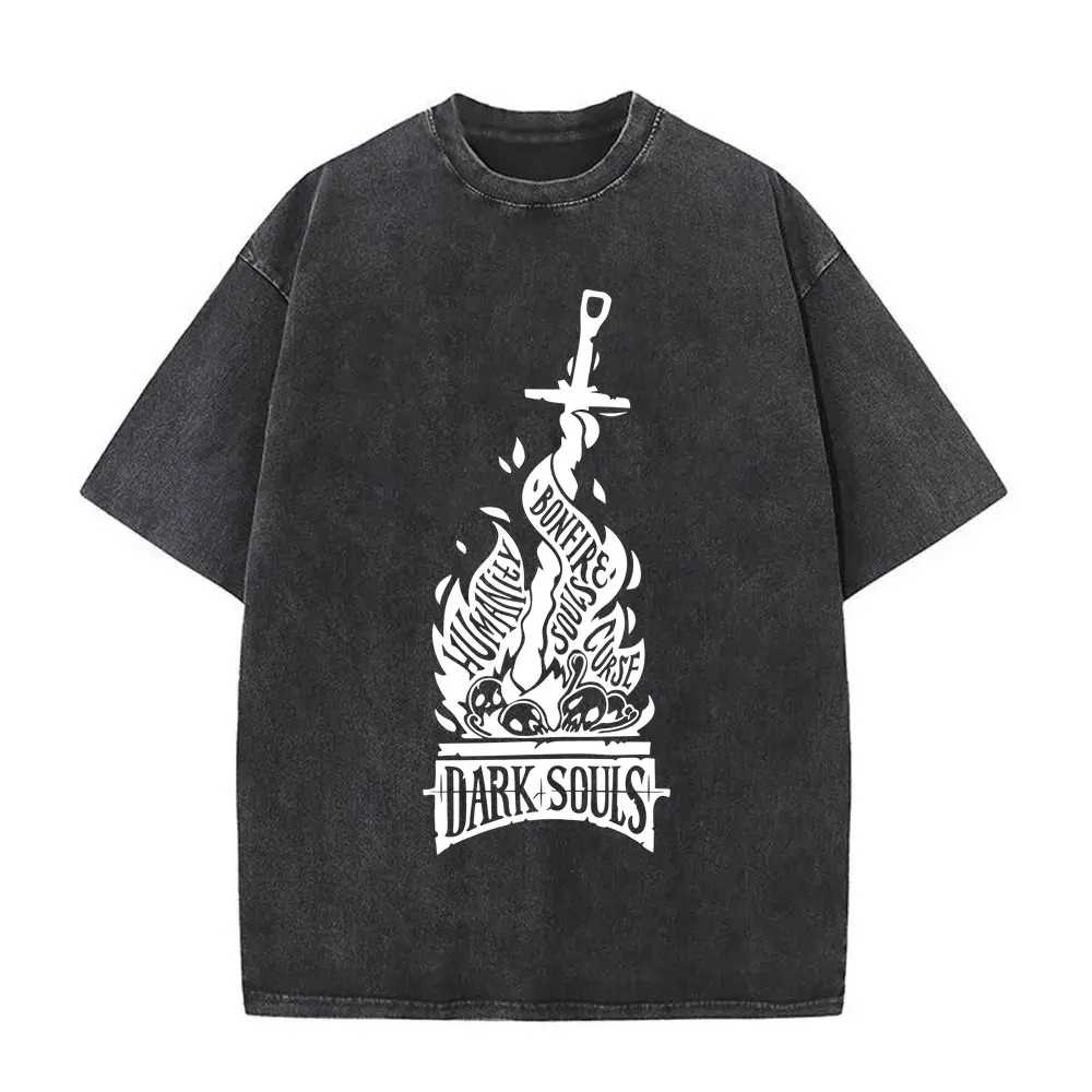 

Washed Vintage Game Dark Souls Graphic T-shirt Men Women Retro Gothic Rock Short Sleeve T-shirts Male Casual 100% Cotton T Shirt