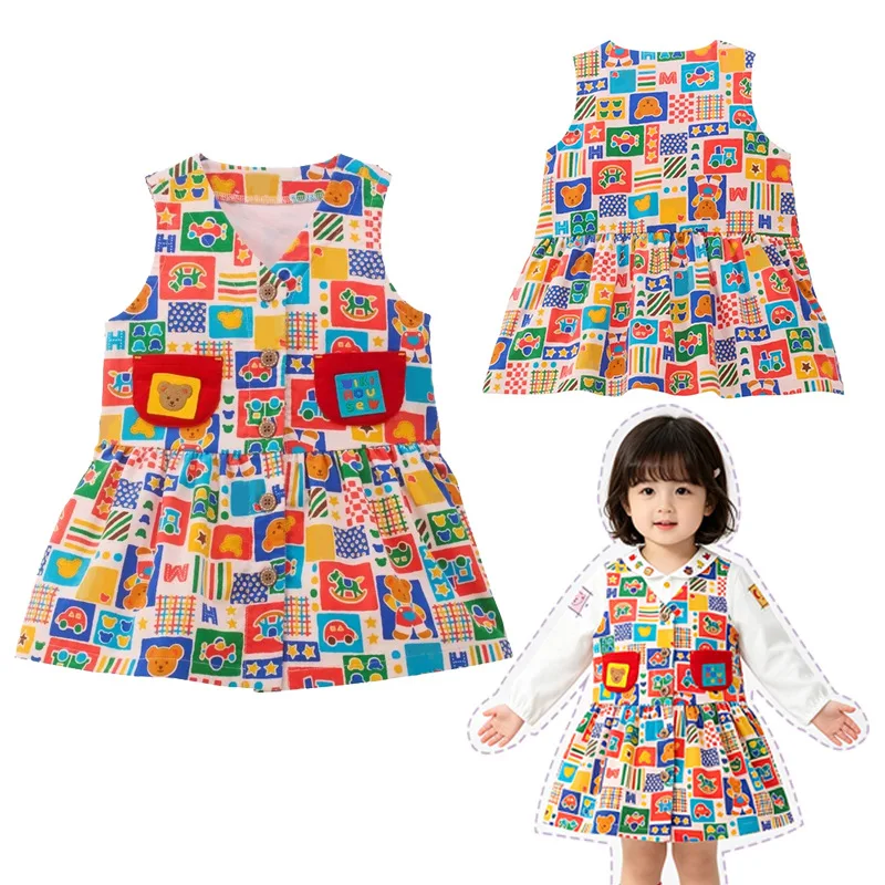 Adorable Bear Allover Plaid Print Dress for Little Girls Japanese Cartoon Alphabet Colorblock Sleeveless Autumn Dress