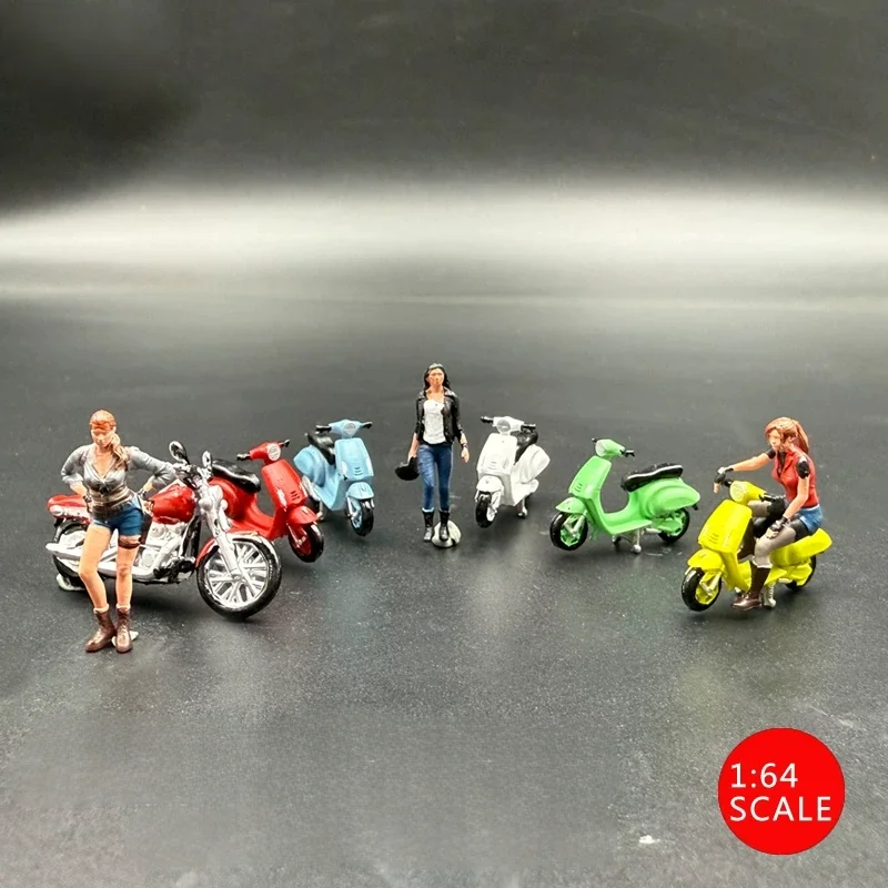 1/64 Scale Motorcycle Girl Miniature Doll Figurine Set DIY Scene With Hand-Painted Resin Material Toy Model Display Gift